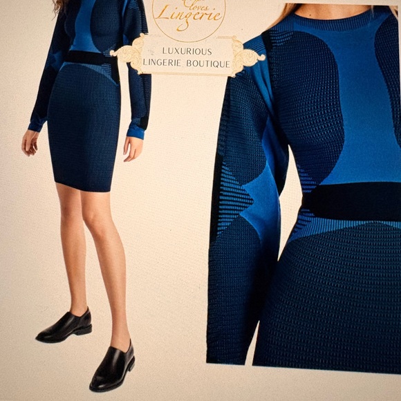 Wolford Long Sleeve Blue and Black Dress - Picture 3 of 3